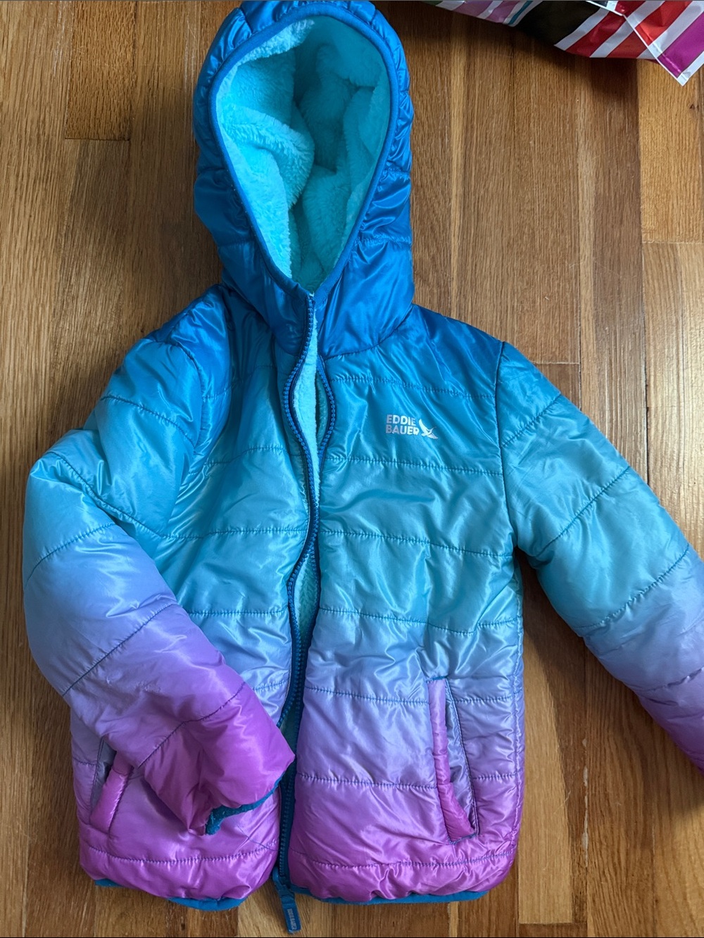 Eddie Bauer Ombre Hooded Puffer Jacket in Teal and Purple